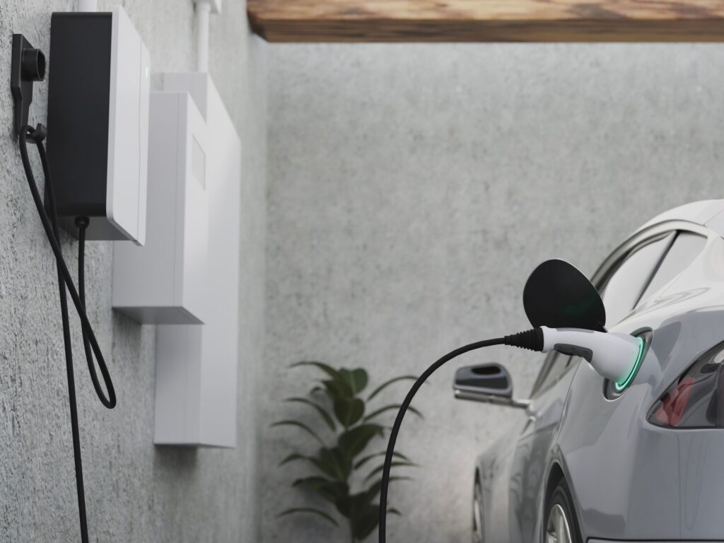 Electric vehicle charger installed in a home garage